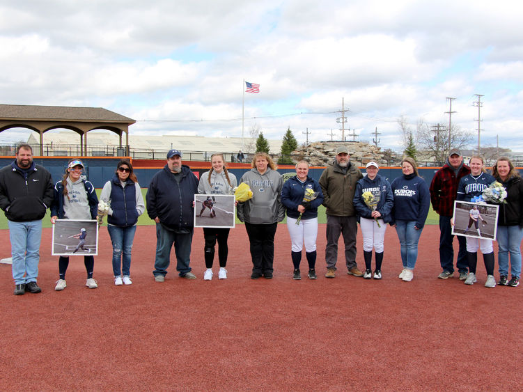 The members of the softball team at Penn State DuBois who were recognized, along with their family members, during senior day recognition.