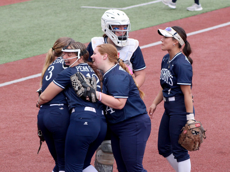Members of the Penn State DuBois softball team celebrate an extra innings win over Lyon College during the 2024 USCAA Small College World Series.