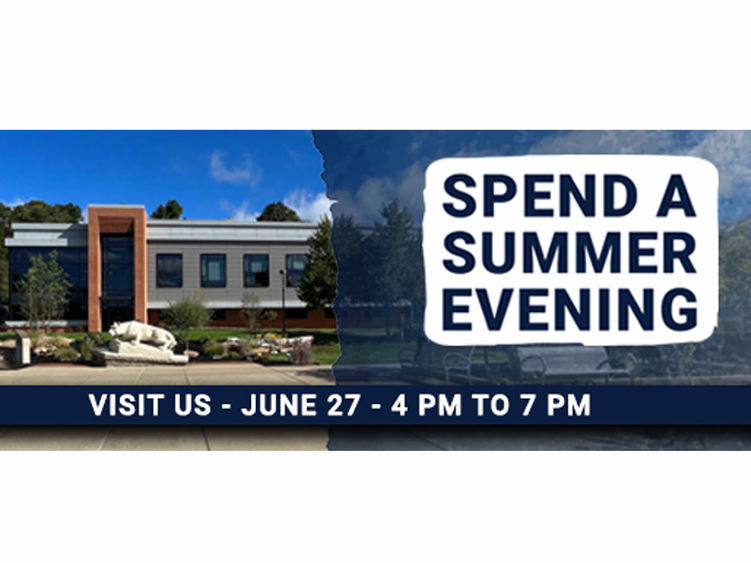 A graphic showing the PAW Center and Lion Shrine at Penn State DuBois. The graphic is sharing details for the Spend a Summer Evening event, taking place on June 27 beginning at 4 p.m.