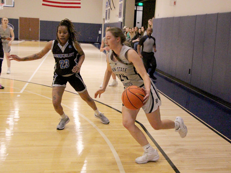 Penn State DuBois sophomore forward Rebecca Martin dribbles and drives with the basketball during a recent home game against Berkeley College at the PAW Center.