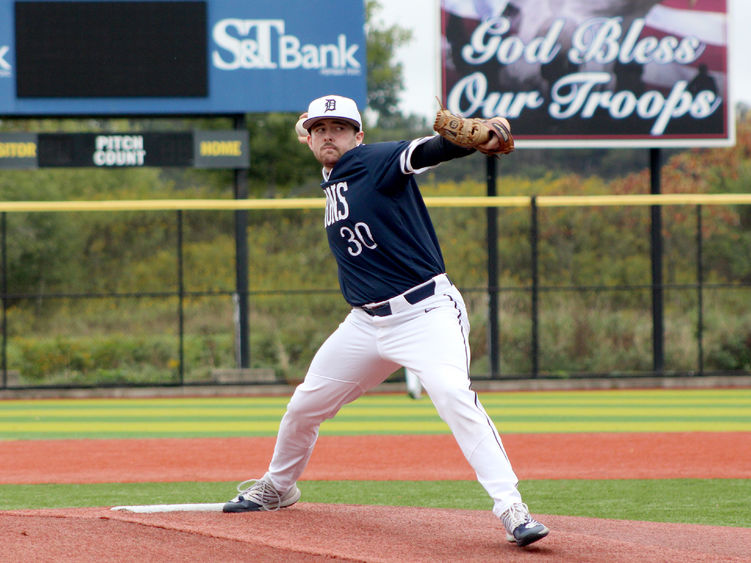 Penn State DuBois sophomore Zach Witherow moves through his pitching delivery during a recent home game at Showers Field in DuBois.
