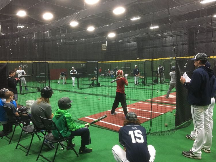 Players coach youth during baseball clinics at the DuBois Baseball Bank.