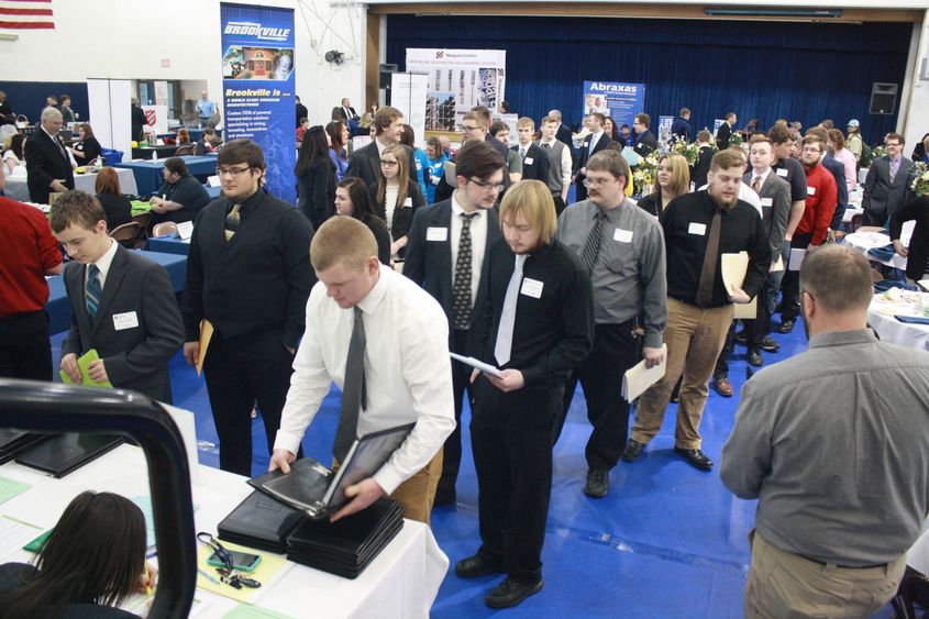 Students lined up at the career fair.