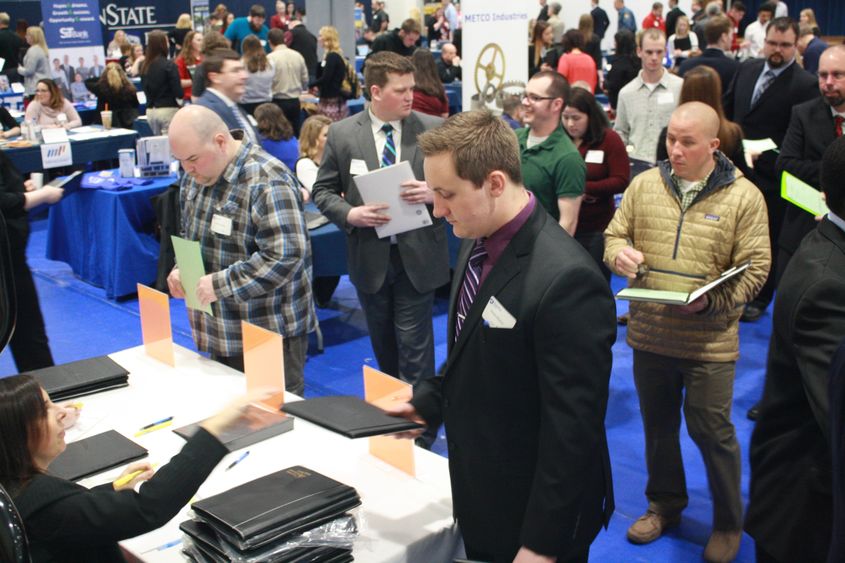 Student Dan Hinton prepares to meet with potential employers at the Penn State DuBois Career Fair. 