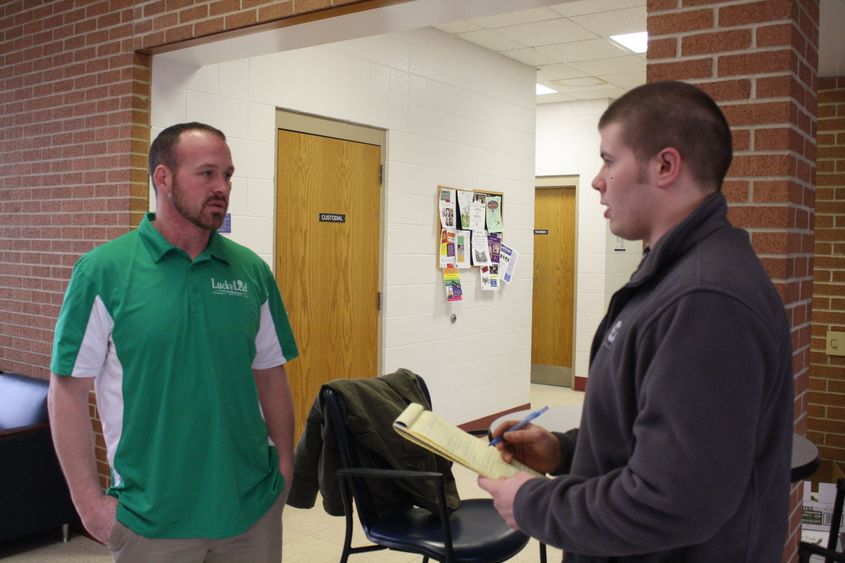 Student Tige Woodson, right, interviews entrepreneur Dave Hoar 