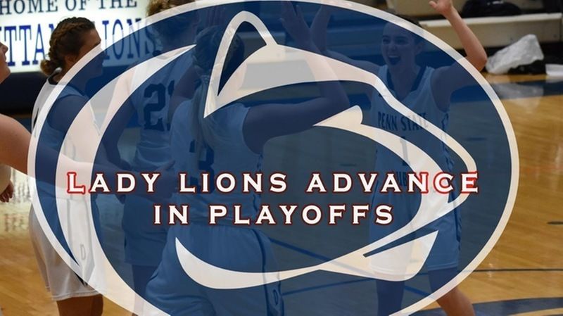 An image of the Penn State DuBois women's basketball team overlayed with the Penn State athletics logo and the words "Lady Lions advance in playoffs"