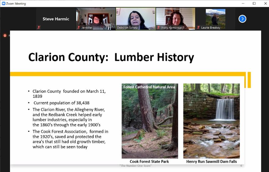 Students present findings on lumber heritage region research via Zoom. 