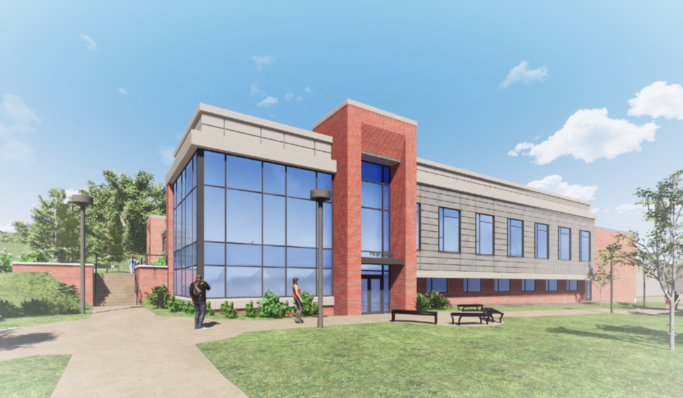 An architectural rendering of the Physical Fitness, Athletics and Wellness Center at Penn State DuBois