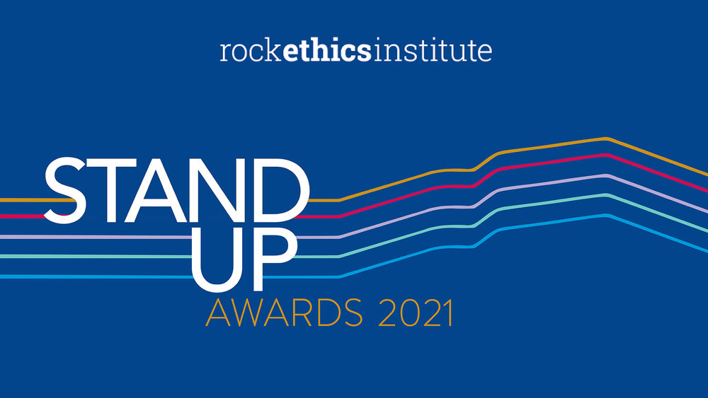 Blue rectangle with the Rock Ethics Institute wordmark and the Stand Up Awards 2021 graphics